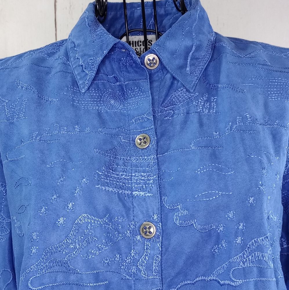CHICOS DESIGNS Blue Long Sleeve Embroidery Button Up Top Shirt